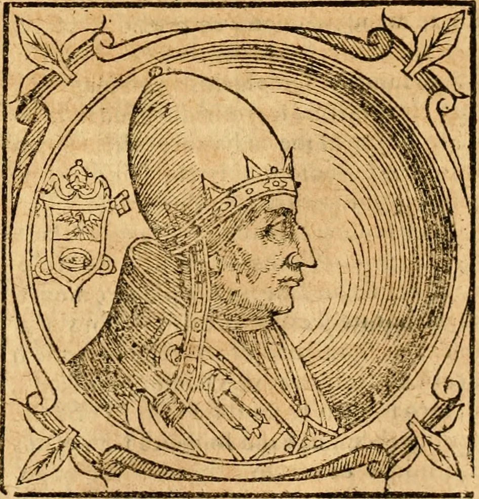 An illustration from Historia B. Platinae de vitis pontificum Romanorum : a D.N. Jesu Christo usque ad Paulum II. venetum papam : longe' quam antea emendatior, doctissimarumq[ue] annotationum Onuphrii Panuinii accessione nunc illustrior reddita : cui, eiusdem Onuphrii accurata atque fideli operâ, reliquorum pontificum vitae, usq[ue] ad Pium V. & Antonii Ciccarellae, usq[ue] ad Clementem VIII. qui hodiè sanctæ Romanae Catholicae ecclesiae præsidet, adiunctæ sunt : accesserunt nunc demum omnium pontificum verae effigies : omnia summo studio emendata & correcta, 1600, leaf 210