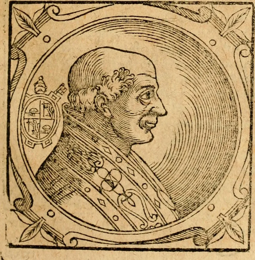 An illustration from Historia B. Platinae de vitis pontificum Romanorum : a D.N. Jesu Christo usque ad Paulum II. venetum papam : longe' quam antea emendatior, doctissimarumq[ue] annotationum Onuphrii Panuinii accessione nunc illustrior reddita : cui, eiusdem Onuphrii accurata atque fideli operâ, reliquorum pontificum vitae, usq[ue] ad Pium V. & Antonii Ciccarellae, usq[ue] ad Clementem VIII. qui hodiè sanctæ Romanae Catholicae ecclesiae præsidet, adiunctæ sunt : accesserunt nunc demum omnium pontificum verae effigies : omnia summo studio emendata & correcta, 1600, leaf 212