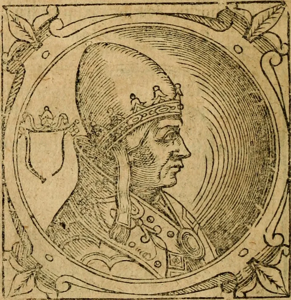 An illustration from Historia B. Platinae de vitis pontificum Romanorum : a D.N. Jesu Christo usque ad Paulum II. venetum papam : longe' quam antea emendatior, doctissimarumq[ue] annotationum Onuphrii Panuinii accessione nunc illustrior reddita : cui, eiusdem Onuphrii accurata atque fideli operâ, reliquorum pontificum vitae, usq[ue] ad Pium V. & Antonii Ciccarellae, usq[ue] ad Clementem VIII. qui hodiè sanctæ Romanae Catholicae ecclesiae præsidet, adiunctæ sunt : accesserunt nunc demum omnium pontificum verae effigies : omnia summo studio emendata & correcta, 1600, leaf 213