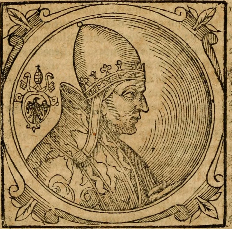 An illustration from Historia B. Platinae de vitis pontificum Romanorum : a D.N. Jesu Christo usque ad Paulum II. venetum papam : longe' quam antea emendatior, doctissimarumq[ue] annotationum Onuphrii Panuinii accessione nunc illustrior reddita : cui, eiusdem Onuphrii accurata atque fideli operâ, reliquorum pontificum vitae, usq[ue] ad Pium V. & Antonii Ciccarellae, usq[ue] ad Clementem VIII. qui hodiè sanctæ Romanae Catholicae ecclesiae præsidet, adiunctæ sunt : accesserunt nunc demum omnium pontificum verae effigies : omnia summo studio emendata & correcta, 1600, leaf 215