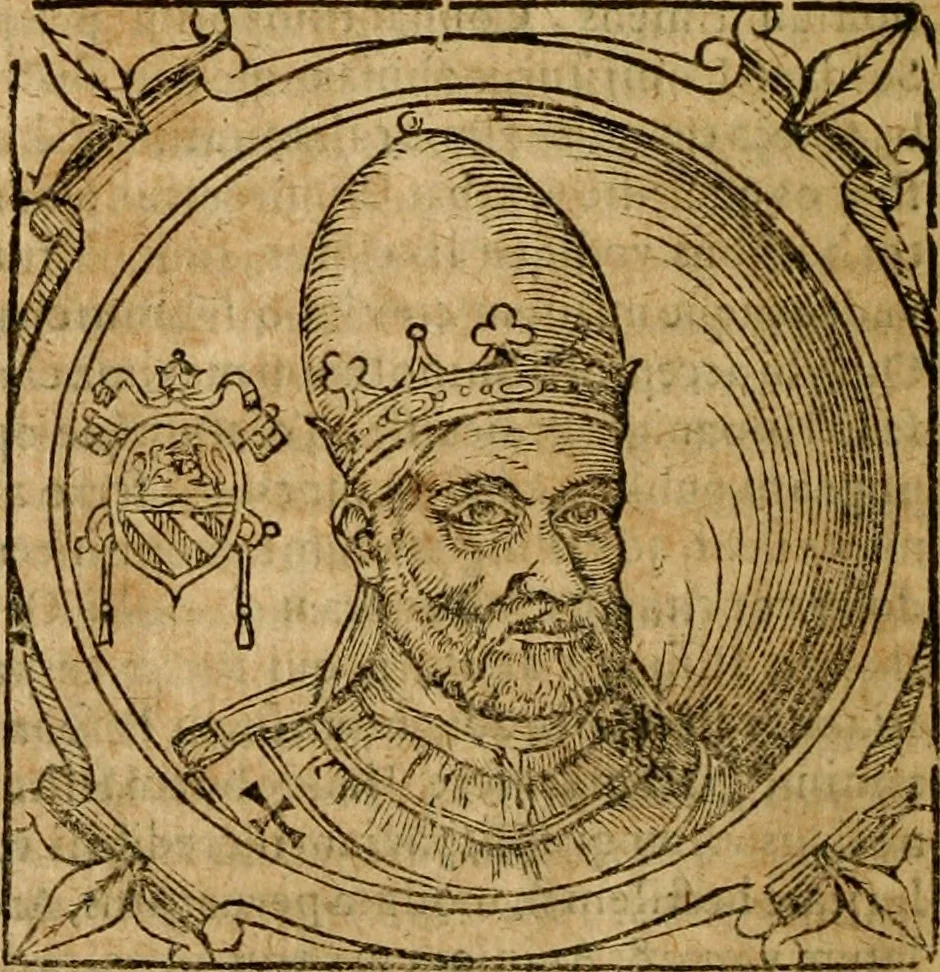 An illustration from Historia B. Platinae de vitis pontificum Romanorum : a D.N. Jesu Christo usque ad Paulum II. venetum papam : longe' quam antea emendatior, doctissimarumq[ue] annotationum Onuphrii Panuinii accessione nunc illustrior reddita : cui, eiusdem Onuphrii accurata atque fideli operâ, reliquorum pontificum vitae, usq[ue] ad Pium V. & Antonii Ciccarellae, usq[ue] ad Clementem VIII. qui hodiè sanctæ Romanae Catholicae ecclesiae præsidet, adiunctæ sunt : accesserunt nunc demum omnium pontificum verae effigies : omnia summo studio emendata & correcta, 1600, leaf 217