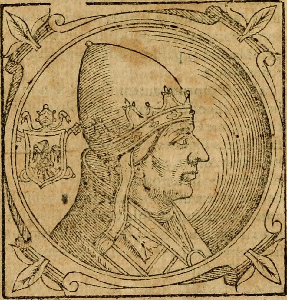 An illustration from Historia B. Platinae de vitis pontificum Romanorum : a D.N. Jesu Christo usque ad Paulum II. venetum papam : longe' quam antea emendatior, doctissimarumq[ue] annotationum Onuphrii Panuinii accessione nunc illustrior reddita : cui, eiusdem Onuphrii accurata atque fideli operâ, reliquorum pontificum vitae, usq[ue] ad Pium V. & Antonii Ciccarellae, usq[ue] ad Clementem VIII. qui hodiè sanctæ Romanae Catholicae ecclesiae præsidet, adiunctæ sunt : accesserunt nunc demum omnium pontificum verae effigies : omnia summo studio emendata & correcta, 1600, leaf 219