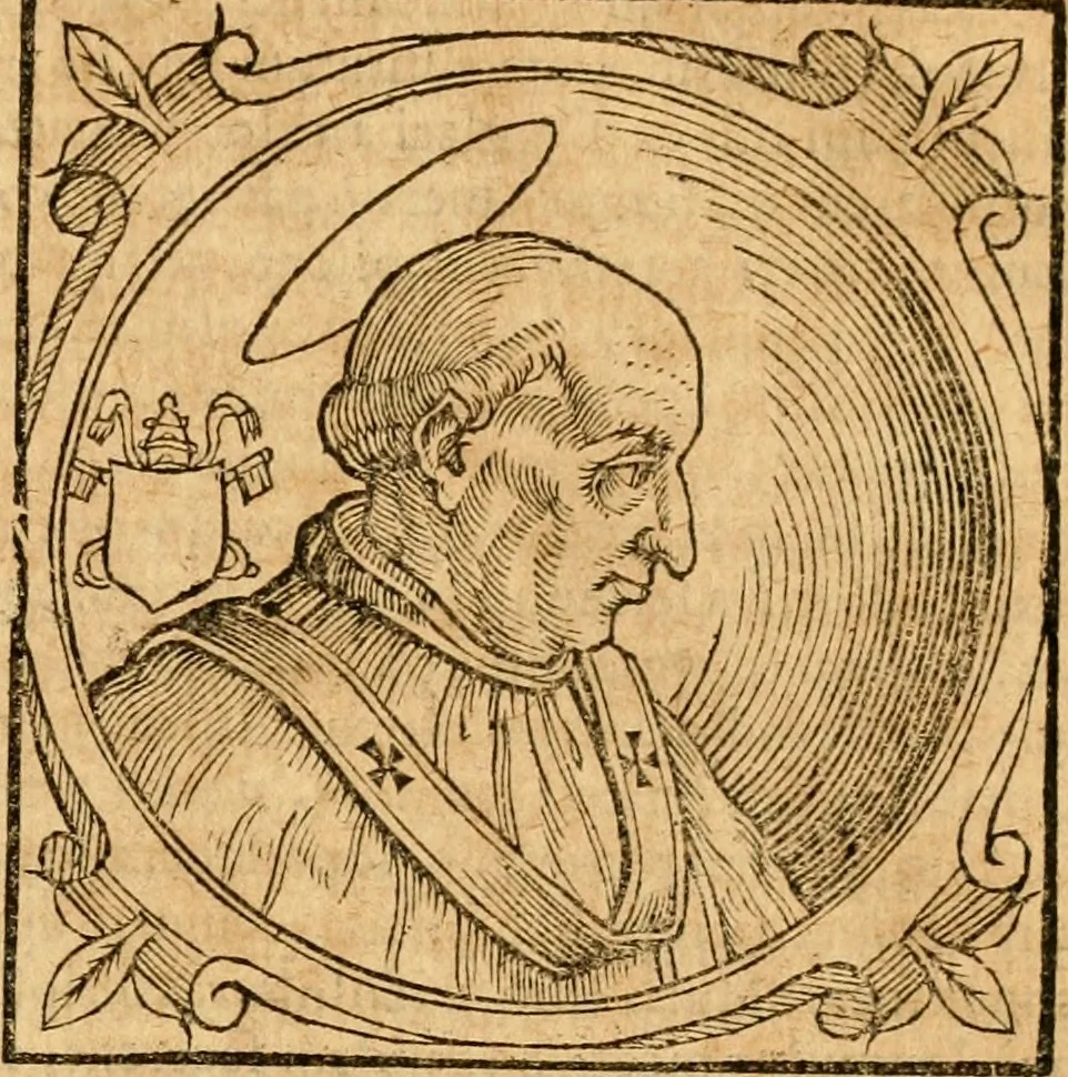 An illustration from Historia B. Platinae de vitis pontificum Romanorum : a D.N. Jesu Christo usque ad Paulum II. venetum papam : longe' quam antea emendatior, doctissimarumq[ue] annotationum Onuphrii Panuinii accessione nunc illustrior reddita : cui, eiusdem Onuphrii accurata atque fideli operâ, reliquorum pontificum vitae, usq[ue] ad Pium V. & Antonii Ciccarellae, usq[ue] ad Clementem VIII. qui hodiè sanctæ Romanae Catholicae ecclesiae præsidet, adiunctæ sunt : accesserunt nunc demum omnium pontificum verae effigies : omnia summo studio emendata & correcta, 1600, leaf 22