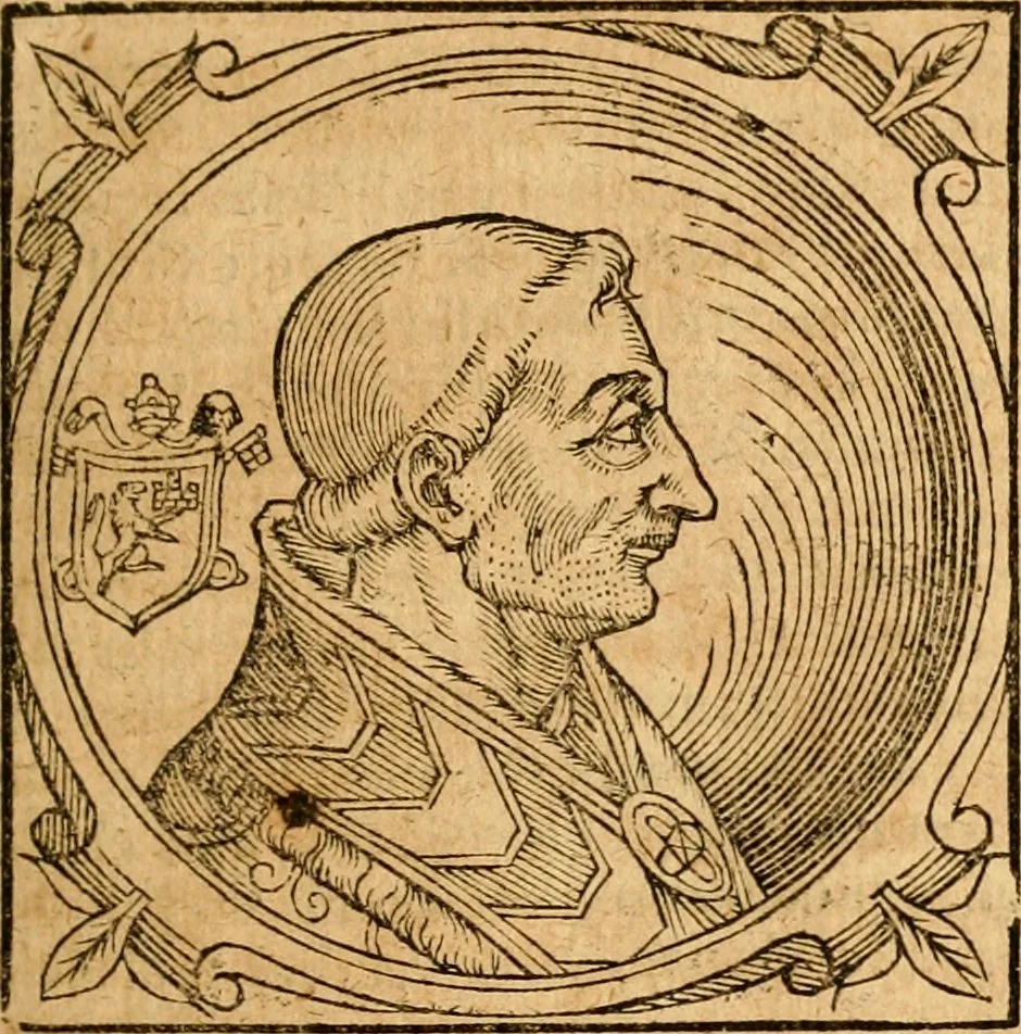 An illustration from Historia B. Platinae de vitis pontificum Romanorum : a D.N. Jesu Christo usque ad Paulum II. venetum papam : longe' quam antea emendatior, doctissimarumq[ue] annotationum Onuphrii Panuinii accessione nunc illustrior reddita : cui, eiusdem Onuphrii accurata atque fideli operâ, reliquorum pontificum vitae, usq[ue] ad Pium V. & Antonii Ciccarellae, usq[ue] ad Clementem VIII. qui hodiè sanctæ Romanae Catholicae ecclesiae præsidet, adiunctæ sunt : accesserunt nunc demum omnium pontificum verae effigies : omnia summo studio emendata & correcta, 1600, leaf 222