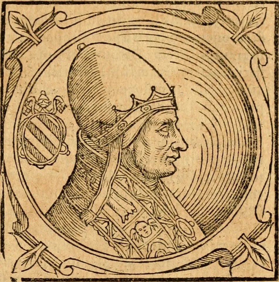 An illustration from Historia B. Platinae de vitis pontificum Romanorum : a D.N. Jesu Christo usque ad Paulum II. venetum papam : longe' quam antea emendatior, doctissimarumq[ue] annotationum Onuphrii Panuinii accessione nunc illustrior reddita : cui, eiusdem Onuphrii accurata atque fideli operâ, reliquorum pontificum vitae, usq[ue] ad Pium V. & Antonii Ciccarellae, usq[ue] ad Clementem VIII. qui hodiè sanctæ Romanae Catholicae ecclesiae præsidet, adiunctæ sunt : accesserunt nunc demum omnium pontificum verae effigies : omnia summo studio emendata & correcta, 1600, leaf 222