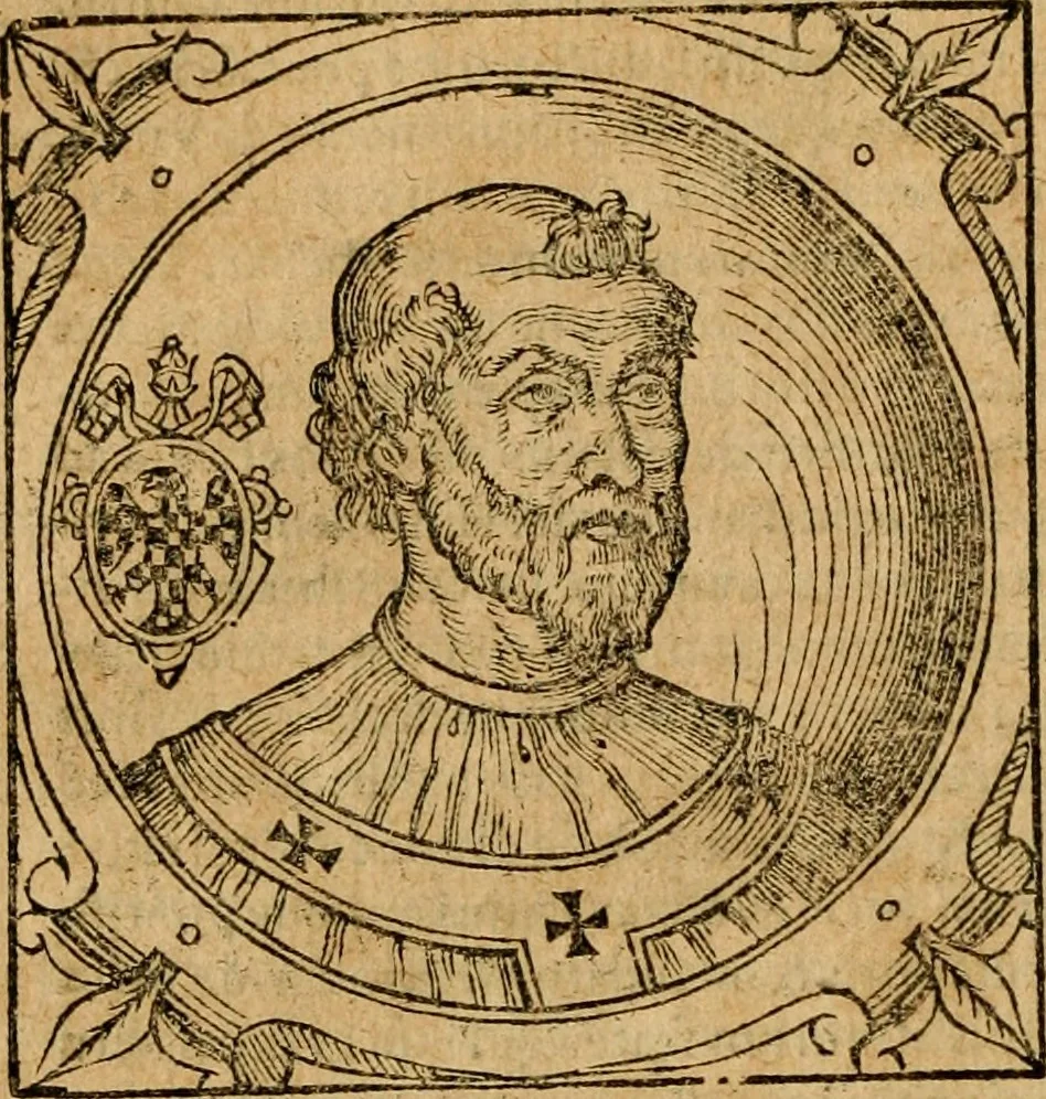 An illustration from Historia B. Platinae de vitis pontificum Romanorum : a D.N. Jesu Christo usque ad Paulum II. venetum papam : longe' quam antea emendatior, doctissimarumq[ue] annotationum Onuphrii Panuinii accessione nunc illustrior reddita : cui, eiusdem Onuphrii accurata atque fideli operâ, reliquorum pontificum vitae, usq[ue] ad Pium V. & Antonii Ciccarellae, usq[ue] ad Clementem VIII. qui hodiè sanctæ Romanae Catholicae ecclesiae præsidet, adiunctæ sunt : accesserunt nunc demum omnium pontificum verae effigies : omnia summo studio emendata & correcta, 1600, leaf 225