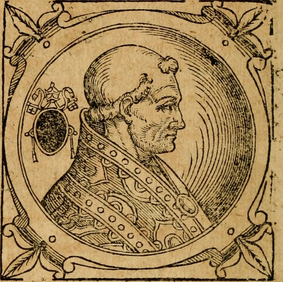 An illustration from Historia B. Platinae de vitis pontificum Romanorum : a D.N. Jesu Christo usque ad Paulum II. venetum papam : longe' quam antea emendatior, doctissimarumq[ue] annotationum Onuphrii Panuinii accessione nunc illustrior reddita : cui, eiusdem Onuphrii accurata atque fideli operâ, reliquorum pontificum vitae, usq[ue] ad Pium V. & Antonii Ciccarellae, usq[ue] ad Clementem VIII. qui hodiè sanctæ Romanae Catholicae ecclesiae præsidet, adiunctæ sunt : accesserunt nunc demum omnium pontificum verae effigies : omnia summo studio emendata & correcta, 1600, leaf 227