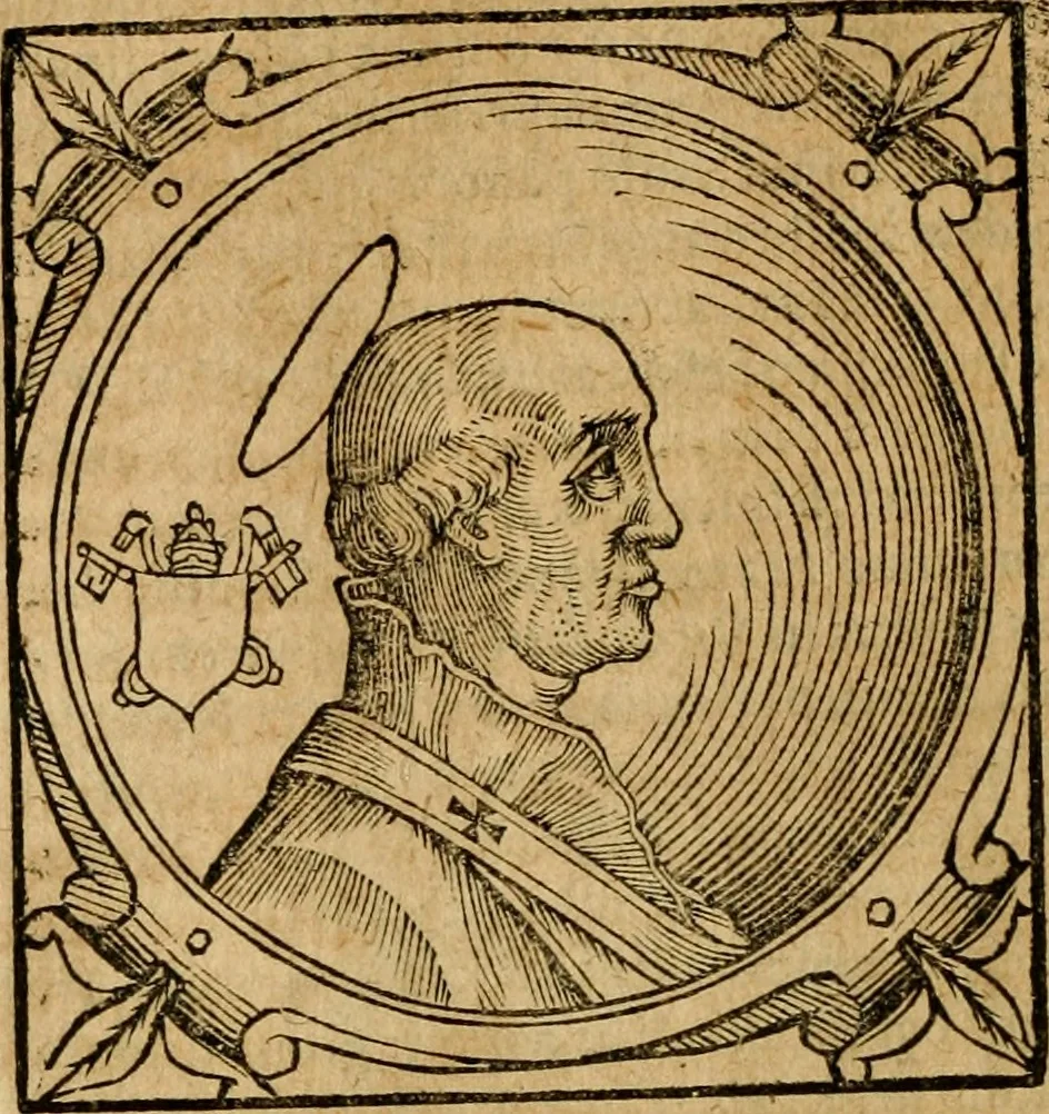 An illustration from Historia B. Platinae de vitis pontificum Romanorum : a D.N. Jesu Christo usque ad Paulum II. venetum papam : longe' quam antea emendatior, doctissimarumq[ue] annotationum Onuphrii Panuinii accessione nunc illustrior reddita : cui, eiusdem Onuphrii accurata atque fideli operâ, reliquorum pontificum vitae, usq[ue] ad Pium V. & Antonii Ciccarellae, usq[ue] ad Clementem VIII. qui hodiè sanctæ Romanae Catholicae ecclesiae præsidet, adiunctæ sunt : accesserunt nunc demum omnium pontificum verae effigies : omnia summo studio emendata & correcta, 1600, leaf 23