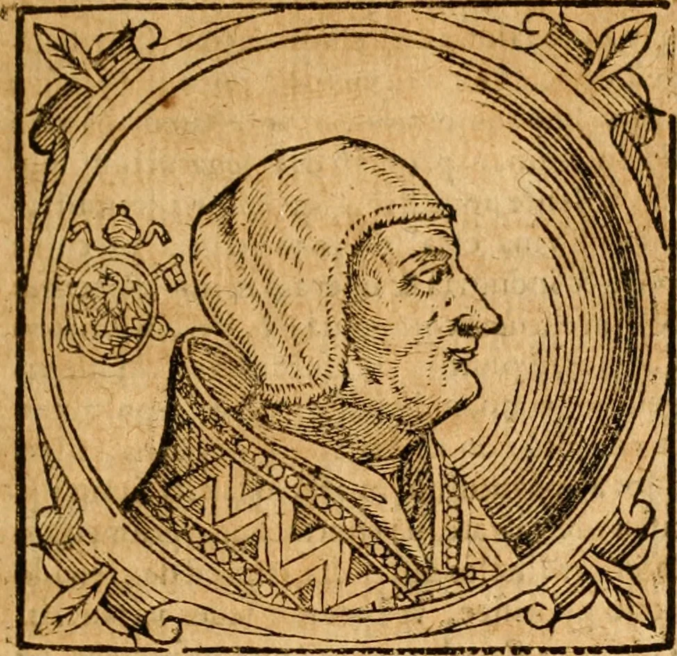 An illustration from Historia B. Platinae de vitis pontificum Romanorum : a D.N. Jesu Christo usque ad Paulum II. venetum papam : longe' quam antea emendatior, doctissimarumq[ue] annotationum Onuphrii Panuinii accessione nunc illustrior reddita : cui, eiusdem Onuphrii accurata atque fideli operâ, reliquorum pontificum vitae, usq[ue] ad Pium V. & Antonii Ciccarellae, usq[ue] ad Clementem VIII. qui hodiè sanctæ Romanae Catholicae ecclesiae præsidet, adiunctæ sunt : accesserunt nunc demum omnium pontificum verae effigies : omnia summo studio emendata & correcta, 1600, leaf 230
