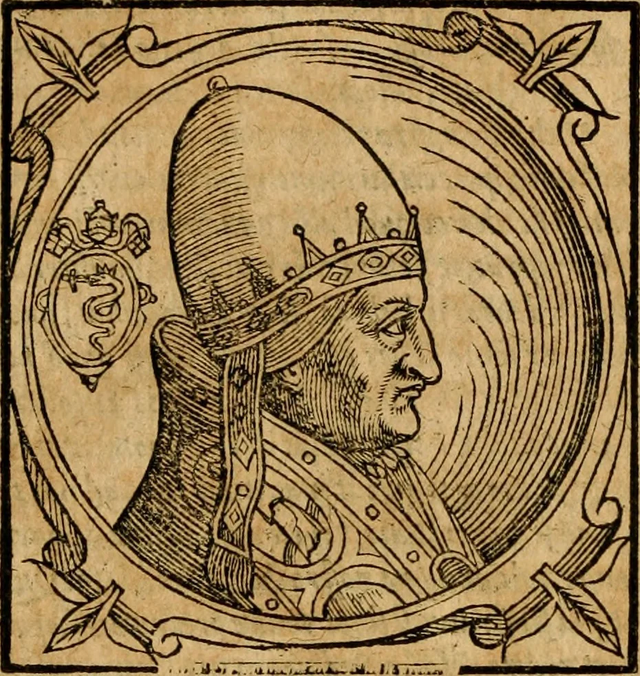 An illustration from Historia B. Platinae de vitis pontificum Romanorum : a D.N. Jesu Christo usque ad Paulum II. venetum papam : longe' quam antea emendatior, doctissimarumq[ue] annotationum Onuphrii Panuinii accessione nunc illustrior reddita : cui, eiusdem Onuphrii accurata atque fideli operâ, reliquorum pontificum vitae, usq[ue] ad Pium V. & Antonii Ciccarellae, usq[ue] ad Clementem VIII. qui hodiè sanctæ Romanae Catholicae ecclesiae præsidet, adiunctæ sunt : accesserunt nunc demum omnium pontificum verae effigies : omnia summo studio emendata & correcta, 1600, leaf 233