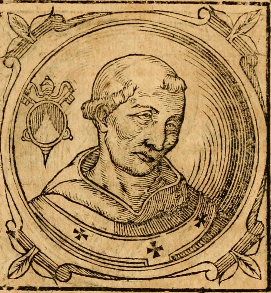 An illustration from Historia B. Platinae de vitis pontificum Romanorum : a D.N. Jesu Christo usque ad Paulum II. venetum papam : longe' quam antea emendatior, doctissimarumq[ue] annotationum Onuphrii Panuinii accessione nunc illustrior reddita : cui, eiusdem Onuphrii accurata atque fideli operâ, reliquorum pontificum vitae, usq[ue] ad Pium V. & Antonii Ciccarellae, usq[ue] ad Clementem VIII. qui hodiè sanctæ Romanae Catholicae ecclesiae præsidet, adiunctæ sunt : accesserunt nunc demum omnium pontificum verae effigies : omnia summo studio emendata & correcta, 1600, leaf 236