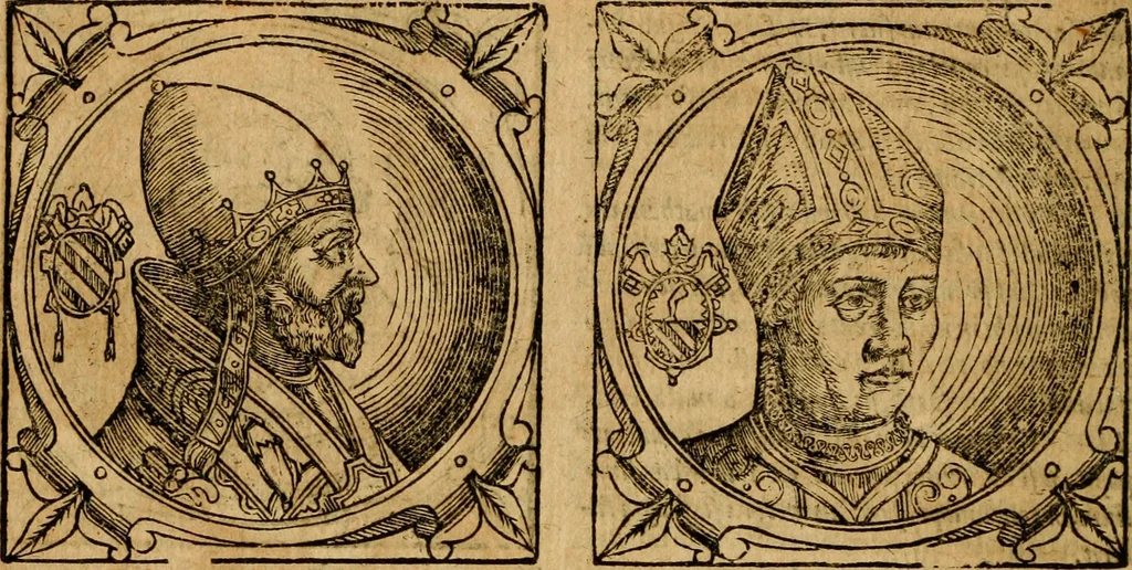 An illustration from Historia B. Platinae de vitis pontificum Romanorum : a D.N. Jesu Christo usque ad Paulum II. venetum papam : longe' quam antea emendatior, doctissimarumq[ue] annotationum Onuphrii Panuinii accessione nunc illustrior reddita : cui, eiusdem Onuphrii accurata atque fideli operâ, reliquorum pontificum vitae, usq[ue] ad Pium V. & Antonii Ciccarellae, usq[ue] ad Clementem VIII. qui hodiè sanctæ Romanae Catholicae ecclesiae præsidet, adiunctæ sunt : accesserunt nunc demum omnium pontificum verae effigies : omnia summo studio emendata & correcta, 1600, leaf 237