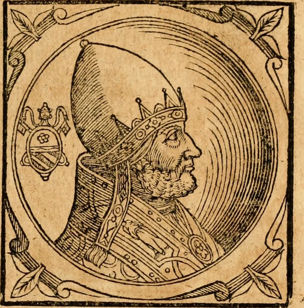 An illustration from Historia B. Platinae de vitis pontificum Romanorum : a D.N. Jesu Christo usque ad Paulum II. venetum papam : longe' quam antea emendatior, doctissimarumq[ue] annotationum Onuphrii Panuinii accessione nunc illustrior reddita : cui, eiusdem Onuphrii accurata atque fideli operâ, reliquorum pontificum vitae, usq[ue] ad Pium V. & Antonii Ciccarellae, usq[ue] ad Clementem VIII. qui hodiè sanctæ Romanae Catholicae ecclesiae præsidet, adiunctæ sunt : accesserunt nunc demum omnium pontificum verae effigies : omnia summo studio emendata & correcta, 1600, leaf 238
