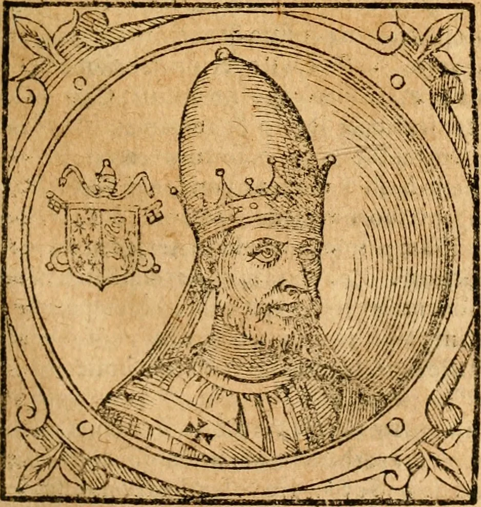 An illustration from Historia B. Platinae de vitis pontificum Romanorum : a D.N. Jesu Christo usque ad Paulum II. venetum papam : longe' quam antea emendatior, doctissimarumq[ue] annotationum Onuphrii Panuinii accessione nunc illustrior reddita : cui, eiusdem Onuphrii accurata atque fideli operâ, reliquorum pontificum vitae, usq[ue] ad Pium V. & Antonii Ciccarellae, usq[ue] ad Clementem VIII. qui hodiè sanctæ Romanae Catholicae ecclesiae præsidet, adiunctæ sunt : accesserunt nunc demum omnium pontificum verae effigies : omnia summo studio emendata & correcta, 1600, leaf 240
