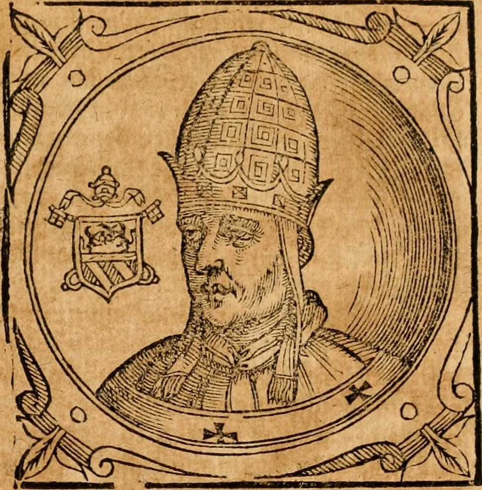 An illustration from Historia B. Platinae de vitis pontificum Romanorum : a D.N. Jesu Christo usque ad Paulum II. venetum papam : longe' quam antea emendatior, doctissimarumq[ue] annotationum Onuphrii Panuinii accessione nunc illustrior reddita : cui, eiusdem Onuphrii accurata atque fideli operâ, reliquorum pontificum vitae, usq[ue] ad Pium V. & Antonii Ciccarellae, usq[ue] ad Clementem VIII. qui hodiè sanctæ Romanae Catholicae ecclesiae præsidet, adiunctæ sunt : accesserunt nunc demum omnium pontificum verae effigies : omnia summo studio emendata & correcta, 1600, leaf 242