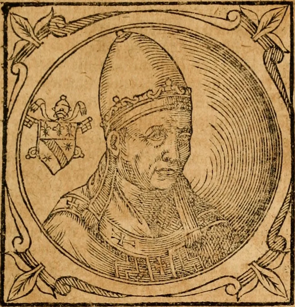 An illustration from Historia B. Platinae de vitis pontificum Romanorum : a D.N. Jesu Christo usque ad Paulum II. venetum papam : longe' quam antea emendatior, doctissimarumq[ue] annotationum Onuphrii Panuinii accessione nunc illustrior reddita : cui, eiusdem Onuphrii accurata atque fideli operâ, reliquorum pontificum vitae, usq[ue] ad Pium V. & Antonii Ciccarellae, usq[ue] ad Clementem VIII. qui hodiè sanctæ Romanae Catholicae ecclesiae præsidet, adiunctæ sunt : accesserunt nunc demum omnium pontificum verae effigies : omnia summo studio emendata & correcta, 1600, leaf 244