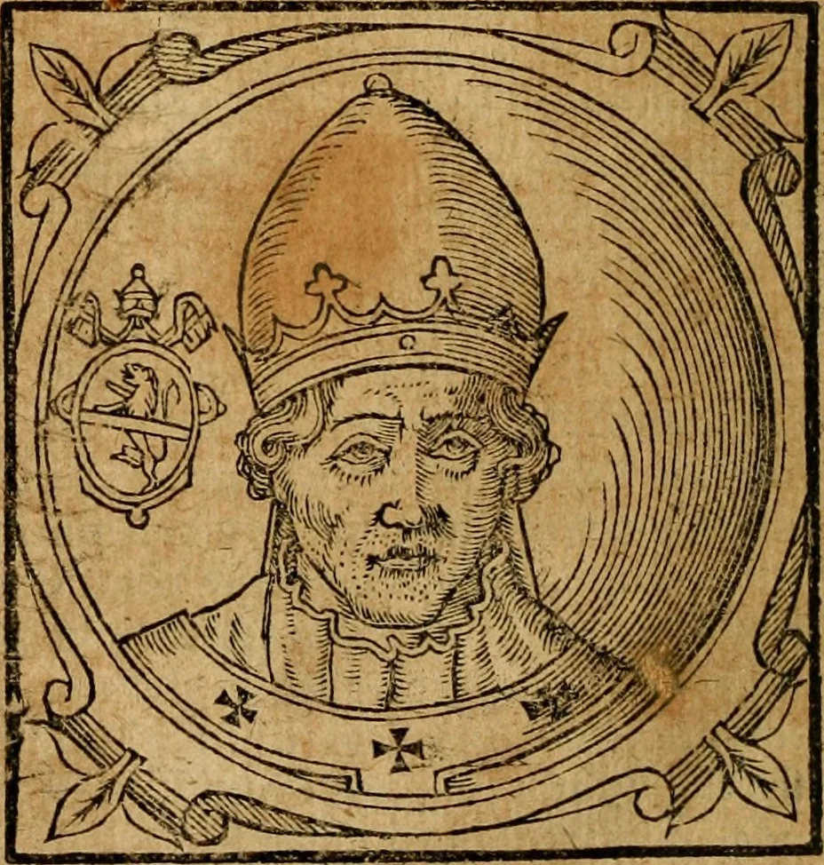 An illustration from Historia B. Platinae de vitis pontificum Romanorum : a D.N. Jesu Christo usque ad Paulum II. venetum papam : longe' quam antea emendatior, doctissimarumq[ue] annotationum Onuphrii Panuinii accessione nunc illustrior reddita : cui, eiusdem Onuphrii accurata atque fideli operâ, reliquorum pontificum vitae, usq[ue] ad Pium V. & Antonii Ciccarellae, usq[ue] ad Clementem VIII. qui hodiè sanctæ Romanae Catholicae ecclesiae præsidet, adiunctæ sunt : accesserunt nunc demum omnium pontificum verae effigies : omnia summo studio emendata & correcta, 1600, leaf 245