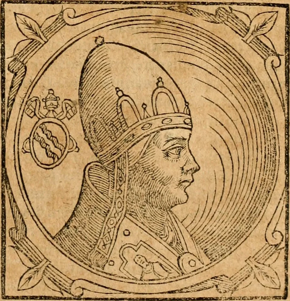 An illustration from Historia B. Platinae de vitis pontificum Romanorum : a D.N. Jesu Christo usque ad Paulum II. venetum papam : longe' quam antea emendatior, doctissimarumq[ue] annotationum Onuphrii Panuinii accessione nunc illustrior reddita : cui, eiusdem Onuphrii accurata atque fideli operâ, reliquorum pontificum vitae, usq[ue] ad Pium V. & Antonii Ciccarellae, usq[ue] ad Clementem VIII. qui hodiè sanctæ Romanae Catholicae ecclesiae præsidet, adiunctæ sunt : accesserunt nunc demum omnium pontificum verae effigies : omnia summo studio emendata & correcta, 1600, leaf 246