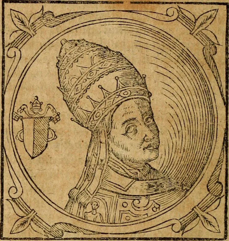 An illustration from Historia B. Platinae de vitis pontificum Romanorum : a D.N. Jesu Christo usque ad Paulum II. venetum papam : longe' quam antea emendatior, doctissimarumq[ue] annotationum Onuphrii Panuinii accessione nunc illustrior reddita : cui, eiusdem Onuphrii accurata atque fideli operâ, reliquorum pontificum vitae, usq[ue] ad Pium V. & Antonii Ciccarellae, usq[ue] ad Clementem VIII. qui hodiè sanctæ Romanae Catholicae ecclesiae præsidet, adiunctæ sunt : accesserunt nunc demum omnium pontificum verae effigies : omnia summo studio emendata & correcta, 1600, leaf 249