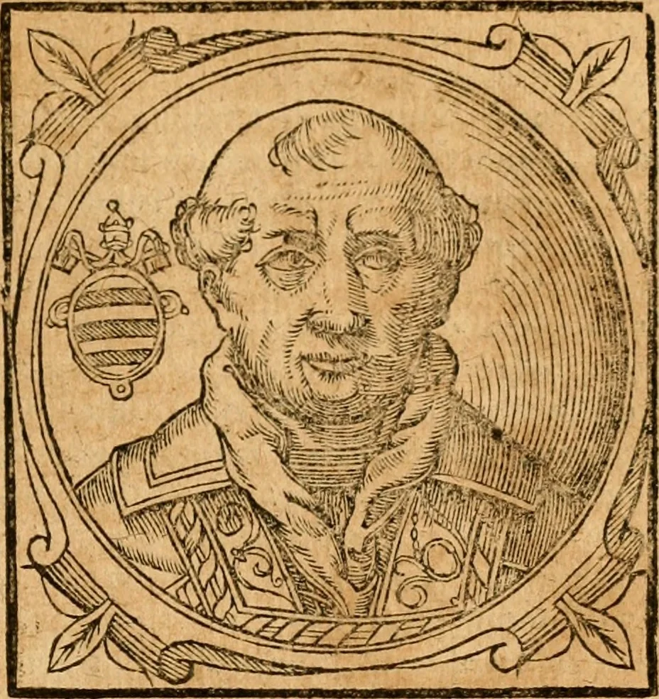 An illustration from Historia B. Platinae de vitis pontificum Romanorum : a D.N. Jesu Christo usque ad Paulum II. venetum papam : longe' quam antea emendatior, doctissimarumq[ue] annotationum Onuphrii Panuinii accessione nunc illustrior reddita : cui, eiusdem Onuphrii accurata atque fideli operâ, reliquorum pontificum vitae, usq[ue] ad Pium V. & Antonii Ciccarellae, usq[ue] ad Clementem VIII. qui hodiè sanctæ Romanae Catholicae ecclesiae præsidet, adiunctæ sunt : accesserunt nunc demum omnium pontificum verae effigies : omnia summo studio emendata & correcta, 1600, leaf 250