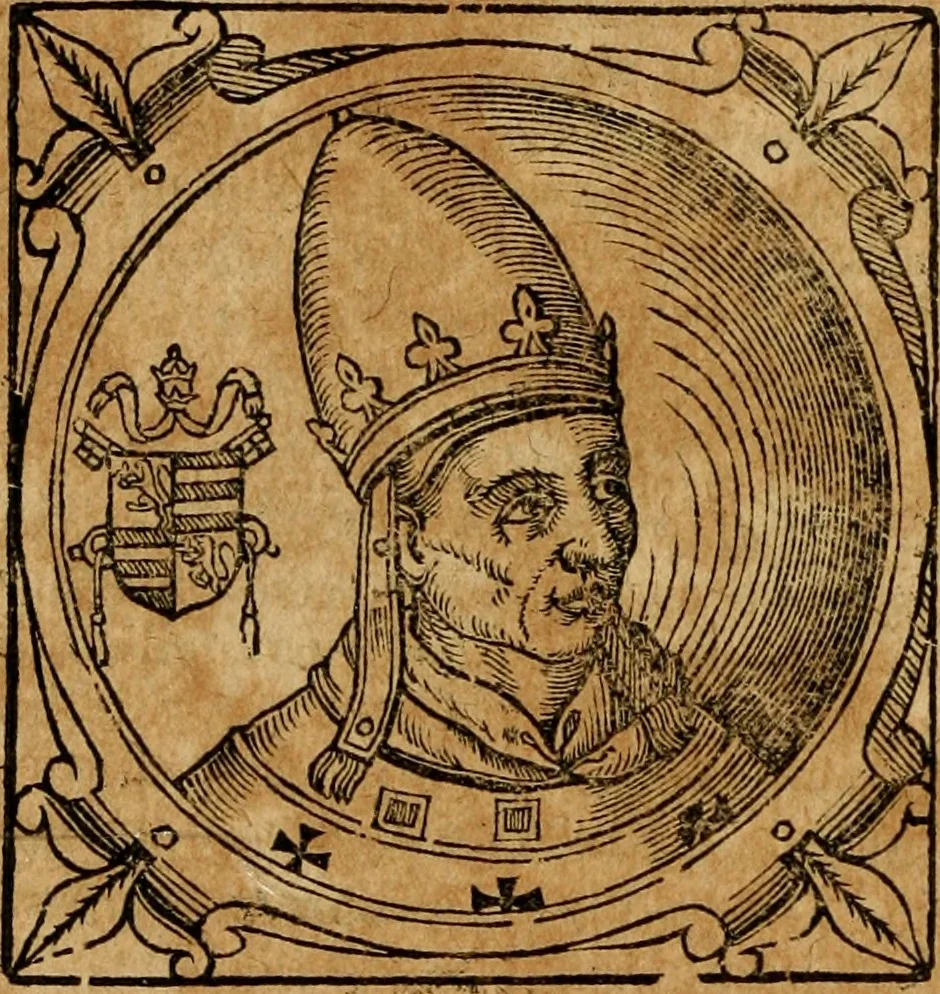 An illustration from Historia B. Platinae de vitis pontificum Romanorum : a D.N. Jesu Christo usque ad Paulum II. venetum papam : longe' quam antea emendatior, doctissimarumq[ue] annotationum Onuphrii Panuinii accessione nunc illustrior reddita : cui, eiusdem Onuphrii accurata atque fideli operâ, reliquorum pontificum vitae, usq[ue] ad Pium V. & Antonii Ciccarellae, usq[ue] ad Clementem VIII. qui hodiè sanctæ Romanae Catholicae ecclesiae præsidet, adiunctæ sunt : accesserunt nunc demum omnium pontificum verae effigies : omnia summo studio emendata & correcta, 1600, leaf 255