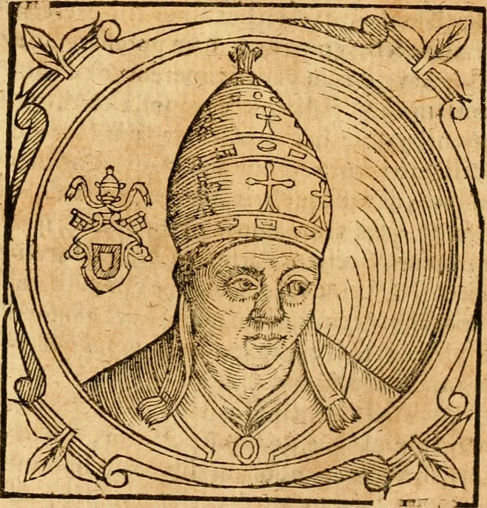An illustration from Historia B. Platinae de vitis pontificum Romanorum : a D.N. Jesu Christo usque ad Paulum II. venetum papam : longe' quam antea emendatior, doctissimarumq[ue] annotationum Onuphrii Panuinii accessione nunc illustrior reddita : cui, eiusdem Onuphrii accurata atque fideli operâ, reliquorum pontificum vitae, usq[ue] ad Pium V. & Antonii Ciccarellae, usq[ue] ad Clementem VIII. qui hodiè sanctæ Romanae Catholicae ecclesiae præsidet, adiunctæ sunt : accesserunt nunc demum omnium pontificum verae effigies : omnia summo studio emendata & correcta, 1600, leaf 258