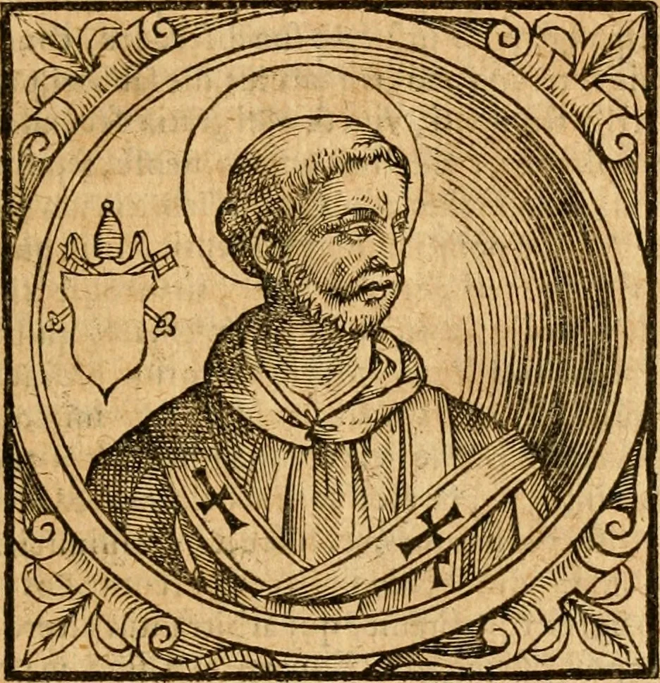 An illustration from Historia B. Platinae de vitis pontificum Romanorum : a D.N. Jesu Christo usque ad Paulum II. venetum papam : longe' quam antea emendatior, doctissimarumq[ue] annotationum Onuphrii Panuinii accessione nunc illustrior reddita : cui, eiusdem Onuphrii accurata atque fideli operâ, reliquorum pontificum vitae, usq[ue] ad Pium V. & Antonii Ciccarellae, usq[ue] ad Clementem VIII. qui hodiè sanctæ Romanae Catholicae ecclesiae præsidet, adiunctæ sunt : accesserunt nunc demum omnium pontificum verae effigies : omnia summo studio emendata & correcta, 1600, leaf 26