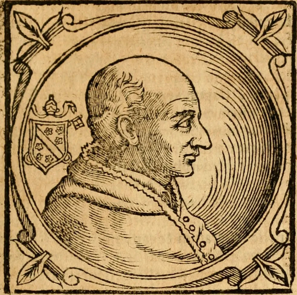 An illustration from Historia B. Platinae de vitis pontificum Romanorum : a D.N. Jesu Christo usque ad Paulum II. venetum papam : longe' quam antea emendatior, doctissimarumq[ue] annotationum Onuphrii Panuinii accessione nunc illustrior reddita : cui, eiusdem Onuphrii accurata atque fideli operâ, reliquorum pontificum vitae, usq[ue] ad Pium V. & Antonii Ciccarellae, usq[ue] ad Clementem VIII. qui hodiè sanctæ Romanae Catholicae ecclesiae præsidet, adiunctæ sunt : accesserunt nunc demum omnium pontificum verae effigies : omnia summo studio emendata & correcta, 1600, leaf 260