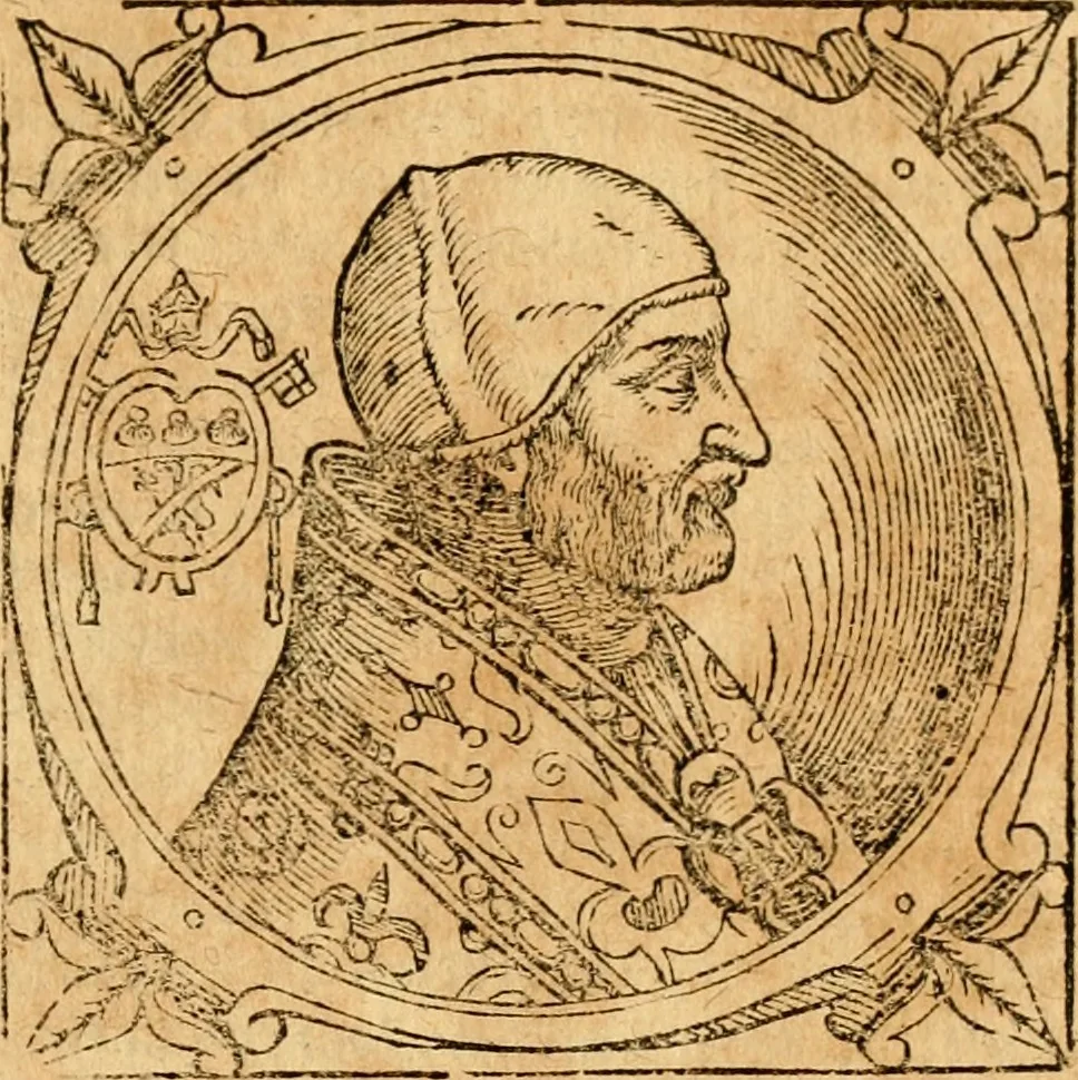 An illustration from Historia B. Platinae de vitis pontificum Romanorum : a D.N. Jesu Christo usque ad Paulum II. venetum papam : longe' quam antea emendatior, doctissimarumq[ue] annotationum Onuphrii Panuinii accessione nunc illustrior reddita : cui, eiusdem Onuphrii accurata atque fideli operâ, reliquorum pontificum vitae, usq[ue] ad Pium V. & Antonii Ciccarellae, usq[ue] ad Clementem VIII. qui hodiè sanctæ Romanae Catholicae ecclesiae præsidet, adiunctæ sunt : accesserunt nunc demum omnium pontificum verae effigies : omnia summo studio emendata & correcta, 1600, leaf 262