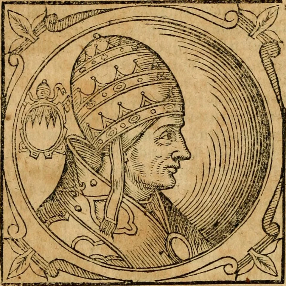 An illustration from Historia B. Platinae de vitis pontificum Romanorum : a D.N. Jesu Christo usque ad Paulum II. venetum papam : longe' quam antea emendatior, doctissimarumq[ue] annotationum Onuphrii Panuinii accessione nunc illustrior reddita : cui, eiusdem Onuphrii accurata atque fideli operâ, reliquorum pontificum vitae, usq[ue] ad Pium V. & Antonii Ciccarellae, usq[ue] ad Clementem VIII. qui hodiè sanctæ Romanae Catholicae ecclesiae præsidet, adiunctæ sunt : accesserunt nunc demum omnium pontificum verae effigies : omnia summo studio emendata & correcta, 1600, leaf 265