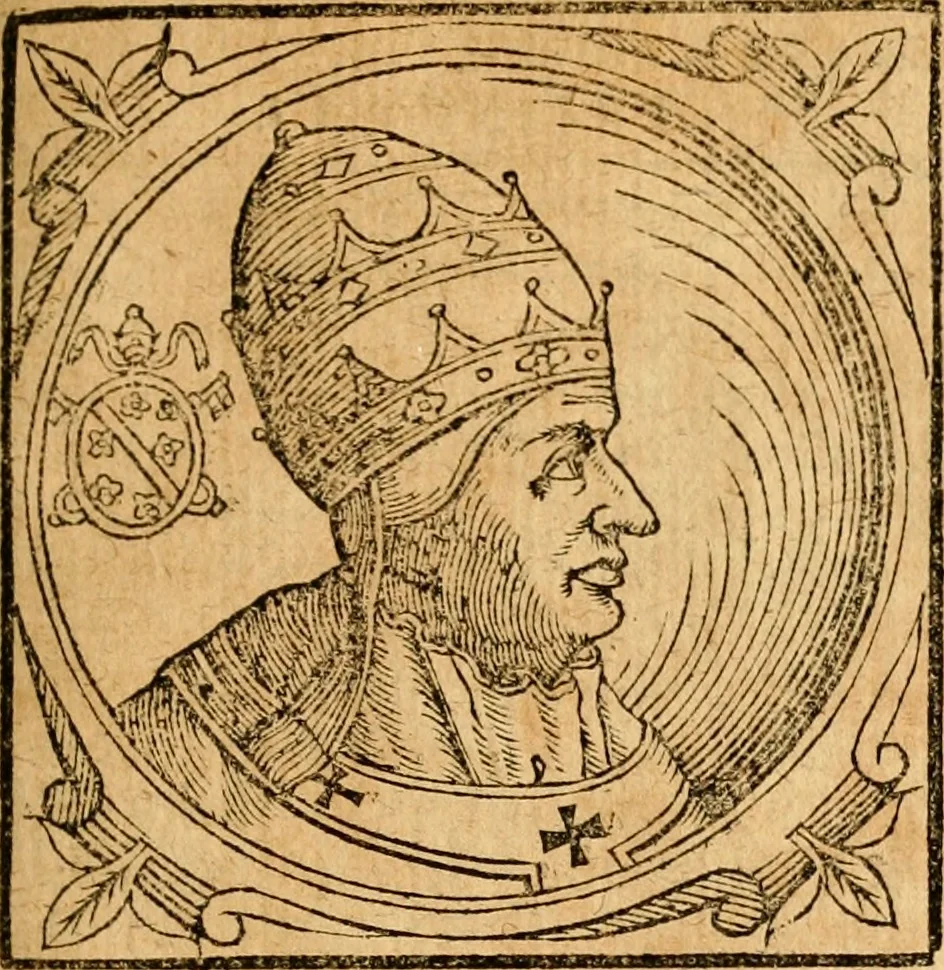 An illustration from Historia B. Platinae de vitis pontificum Romanorum : a D.N. Jesu Christo usque ad Paulum II. venetum papam : longe' quam antea emendatior, doctissimarumq[ue] annotationum Onuphrii Panuinii accessione nunc illustrior reddita : cui, eiusdem Onuphrii accurata atque fideli operâ, reliquorum pontificum vitae, usq[ue] ad Pium V. & Antonii Ciccarellae, usq[ue] ad Clementem VIII. qui hodiè sanctæ Romanae Catholicae ecclesiae præsidet, adiunctæ sunt : accesserunt nunc demum omnium pontificum verae effigies : omnia summo studio emendata & correcta, 1600, leaf 266