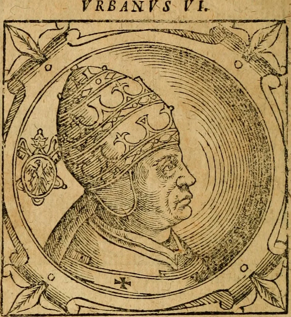 An illustration from Historia B. Platinae de vitis pontificum Romanorum : a D.N. Jesu Christo usque ad Paulum II. venetum papam : longe' quam antea emendatior, doctissimarumq[ue] annotationum Onuphrii Panuinii accessione nunc illustrior reddita : cui, eiusdem Onuphrii accurata atque fideli operâ, reliquorum pontificum vitae, usq[ue] ad Pium V. & Antonii Ciccarellae, usq[ue] ad Clementem VIII. qui hodiè sanctæ Romanae Catholicae ecclesiae præsidet, adiunctæ sunt : accesserunt nunc demum omnium pontificum verae effigies : omnia summo studio emendata & correcta, 1600, leaf 267