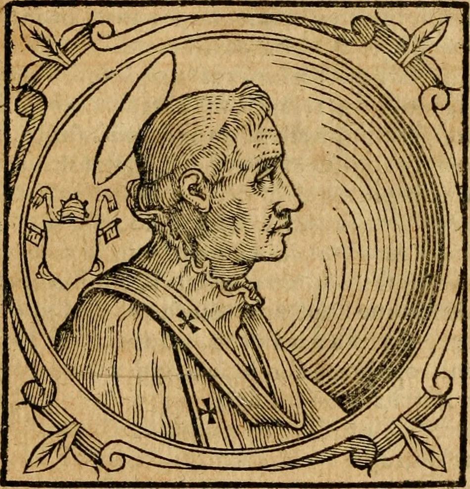 An illustration from Historia B. Platinae de vitis pontificum Romanorum : a D.N. Jesu Christo usque ad Paulum II. venetum papam : longe' quam antea emendatior, doctissimarumq[ue] annotationum Onuphrii Panuinii accessione nunc illustrior reddita : cui, eiusdem Onuphrii accurata atque fideli operâ, reliquorum pontificum vitae, usq[ue] ad Pium V. & Antonii Ciccarellae, usq[ue] ad Clementem VIII. qui hodiè sanctæ Romanae Catholicae ecclesiae præsidet, adiunctæ sunt : accesserunt nunc demum omnium pontificum verae effigies : omnia summo studio emendata & correcta, 1600, leaf 27