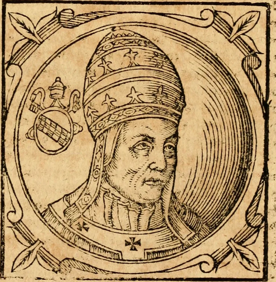 An illustration from Historia B. Platinae de vitis pontificum Romanorum : a D.N. Jesu Christo usque ad Paulum II. venetum papam : longe' quam antea emendatior, doctissimarumq[ue] annotationum Onuphrii Panuinii accessione nunc illustrior reddita : cui, eiusdem Onuphrii accurata atque fideli operâ, reliquorum pontificum vitae, usq[ue] ad Pium V. & Antonii Ciccarellae, usq[ue] ad Clementem VIII. qui hodiè sanctæ Romanae Catholicae ecclesiae præsidet, adiunctæ sunt : accesserunt nunc demum omnium pontificum verae effigies : omnia summo studio emendata & correcta, 1600, leaf 272