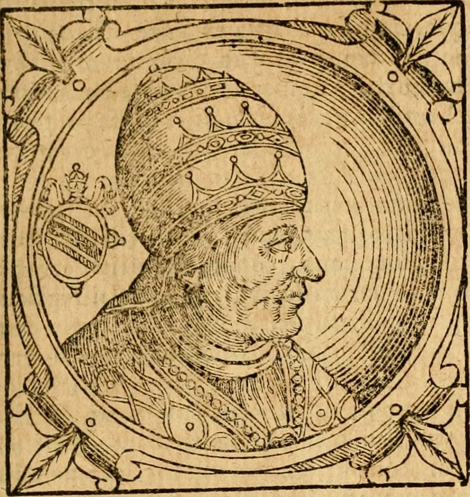 An illustration from Historia B. Platinae de vitis pontificum Romanorum : a D.N. Jesu Christo usque ad Paulum II. venetum papam : longe' quam antea emendatior, doctissimarumq[ue] annotationum Onuphrii Panuinii accessione nunc illustrior reddita : cui, eiusdem Onuphrii accurata atque fideli operâ, reliquorum pontificum vitae, usq[ue] ad Pium V. & Antonii Ciccarellae, usq[ue] ad Clementem VIII. qui hodiè sanctæ Romanae Catholicae ecclesiae præsidet, adiunctæ sunt : accesserunt nunc demum omnium pontificum verae effigies : omnia summo studio emendata & correcta, 1600, leaf 278