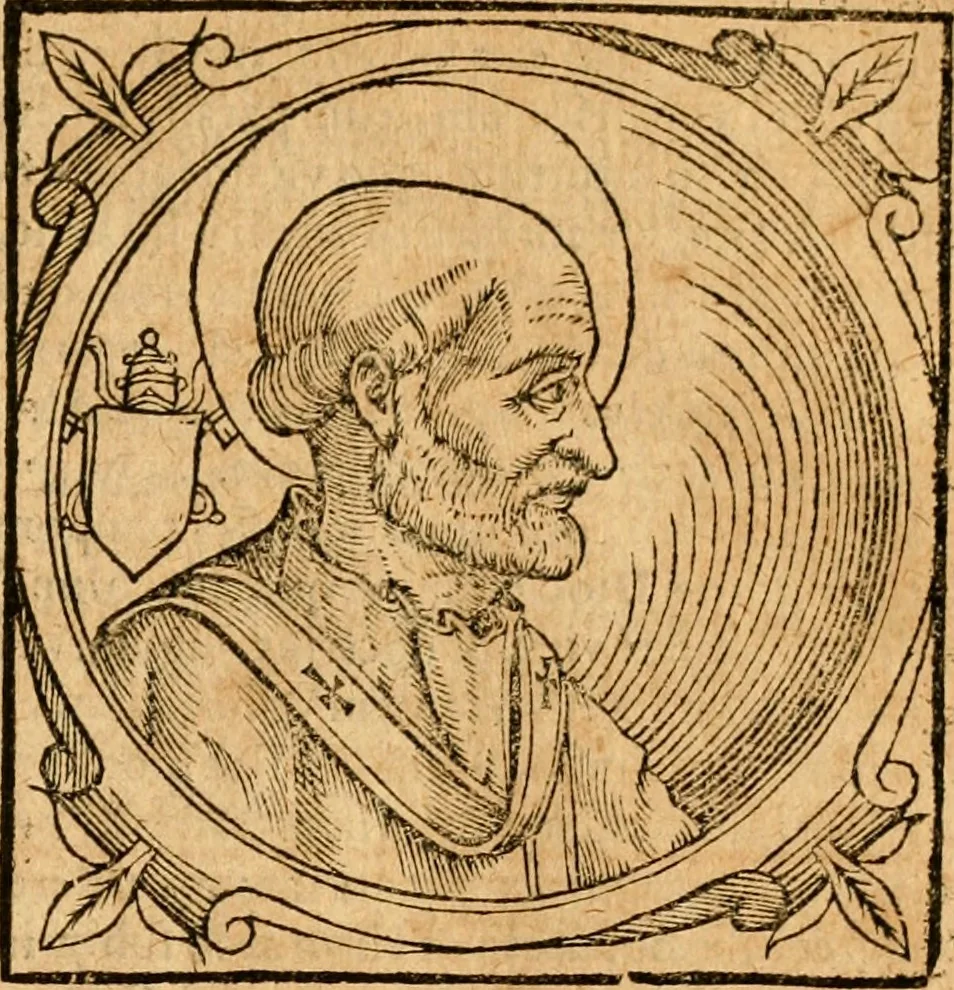 An illustration from Historia B. Platinae de vitis pontificum Romanorum : a D.N. Jesu Christo usque ad Paulum II. venetum papam : longe' quam antea emendatior, doctissimarumq[ue] annotationum Onuphrii Panuinii accessione nunc illustrior reddita : cui, eiusdem Onuphrii accurata atque fideli operâ, reliquorum pontificum vitae, usq[ue] ad Pium V. & Antonii Ciccarellae, usq[ue] ad Clementem VIII. qui hodiè sanctæ Romanae Catholicae ecclesiae præsidet, adiunctæ sunt : accesserunt nunc demum omnium pontificum verae effigies : omnia summo studio emendata & correcta, 1600, leaf 28