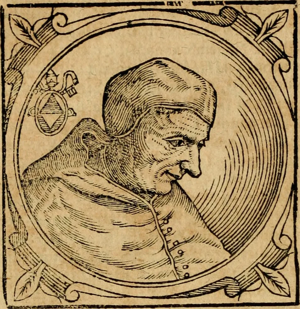 An illustration from Historia B. Platinae de vitis pontificum Romanorum : a D.N. Jesu Christo usque ad Paulum II. venetum papam : longe' quam antea emendatior, doctissimarumq[ue] annotationum Onuphrii Panuinii accessione nunc illustrior reddita : cui, eiusdem Onuphrii accurata atque fideli operâ, reliquorum pontificum vitae, usq[ue] ad Pium V. & Antonii Ciccarellae, usq[ue] ad Clementem VIII. qui hodiè sanctæ Romanae Catholicae ecclesiae præsidet, adiunctæ sunt : accesserunt nunc demum omnium pontificum verae effigies : omnia summo studio emendata & correcta, 1600, leaf 281