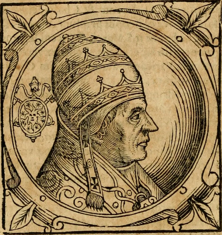 An illustration from Historia B. Platinae de vitis pontificum Romanorum : a D.N. Jesu Christo usque ad Paulum II. venetum papam : longe' quam antea emendatior, doctissimarumq[ue] annotationum Onuphrii Panuinii accessione nunc illustrior reddita : cui, eiusdem Onuphrii accurata atque fideli operâ, reliquorum pontificum vitae, usq[ue] ad Pium V. & Antonii Ciccarellae, usq[ue] ad Clementem VIII. qui hodiè sanctæ Romanae Catholicae ecclesiae præsidet, adiunctæ sunt : accesserunt nunc demum omnium pontificum verae effigies : omnia summo studio emendata & correcta, 1600, leaf 283