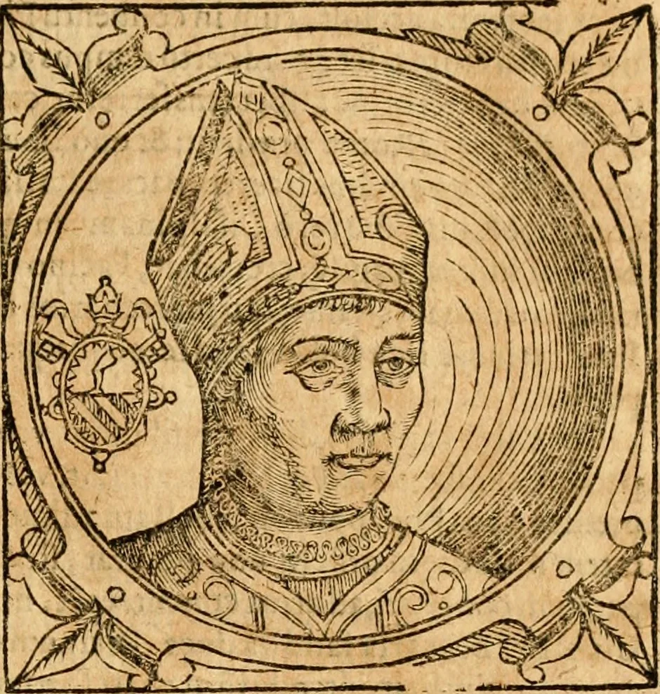 An illustration from Historia B. Platinae de vitis pontificum Romanorum : a D.N. Jesu Christo usque ad Paulum II. venetum papam : longe' quam antea emendatior, doctissimarumq[ue] annotationum Onuphrii Panuinii accessione nunc illustrior reddita : cui, eiusdem Onuphrii accurata atque fideli operâ, reliquorum pontificum vitae, usq[ue] ad Pium V. & Antonii Ciccarellae, usq[ue] ad Clementem VIII. qui hodiè sanctæ Romanae Catholicae ecclesiae præsidet, adiunctæ sunt : accesserunt nunc demum omnium pontificum verae effigies : omnia summo studio emendata & correcta, 1600, leaf 284