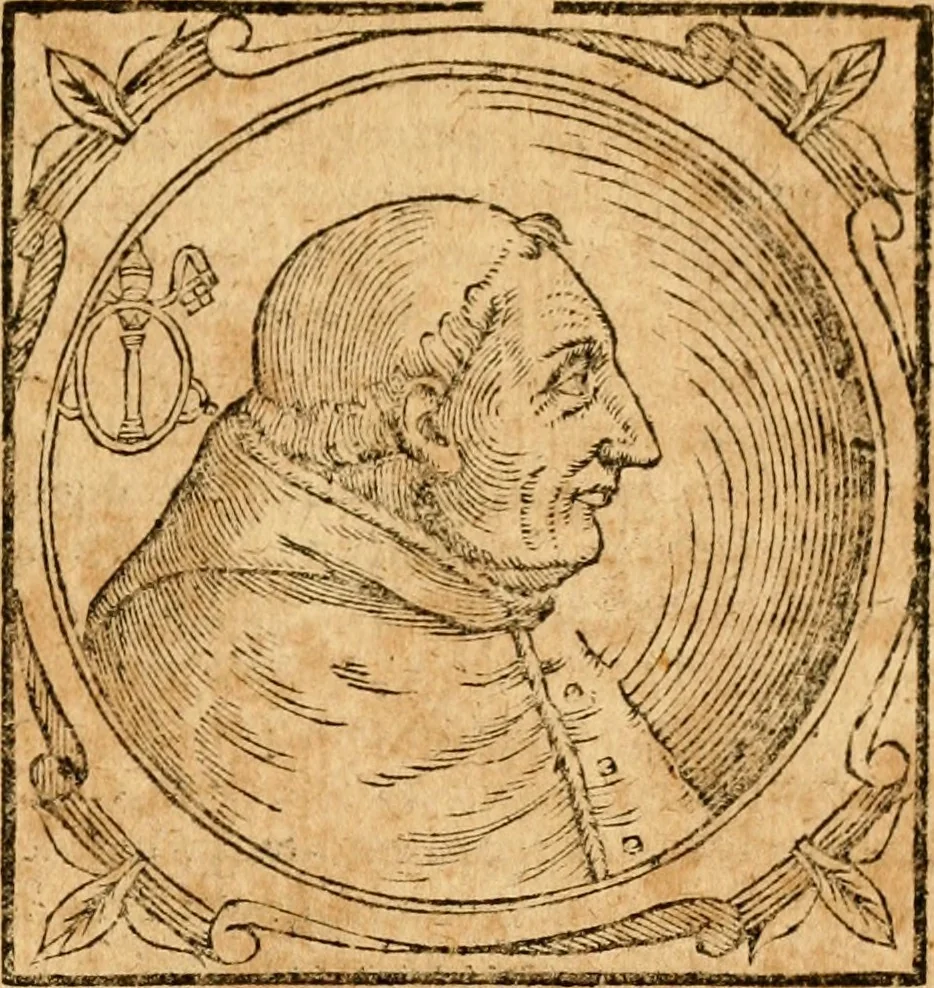 An illustration from Historia B. Platinae de vitis pontificum Romanorum : a D.N. Jesu Christo usque ad Paulum II. venetum papam : longe' quam antea emendatior, doctissimarumq[ue] annotationum Onuphrii Panuinii accessione nunc illustrior reddita : cui, eiusdem Onuphrii accurata atque fideli operâ, reliquorum pontificum vitae, usq[ue] ad Pium V. & Antonii Ciccarellae, usq[ue] ad Clementem VIII. qui hodiè sanctæ Romanae Catholicae ecclesiae præsidet, adiunctæ sunt : accesserunt nunc demum omnium pontificum verae effigies : omnia summo studio emendata & correcta, 1600, leaf 288