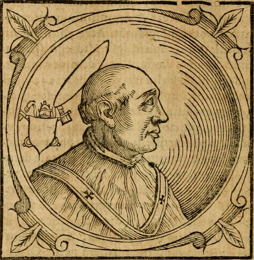 An illustration from Historia B. Platinae de vitis pontificum Romanorum : a D.N. Jesu Christo usque ad Paulum II. venetum papam : longe' quam antea emendatior, doctissimarumq[ue] annotationum Onuphrii Panuinii accessione nunc illustrior reddita : cui, eiusdem Onuphrii accurata atque fideli operâ, reliquorum pontificum vitae, usq[ue] ad Pium V. & Antonii Ciccarellae, usq[ue] ad Clementem VIII. qui hodiè sanctæ Romanae Catholicae ecclesiae præsidet, adiunctæ sunt : accesserunt nunc demum omnium pontificum verae effigies : omnia summo studio emendata & correcta, 1600, leaf 29