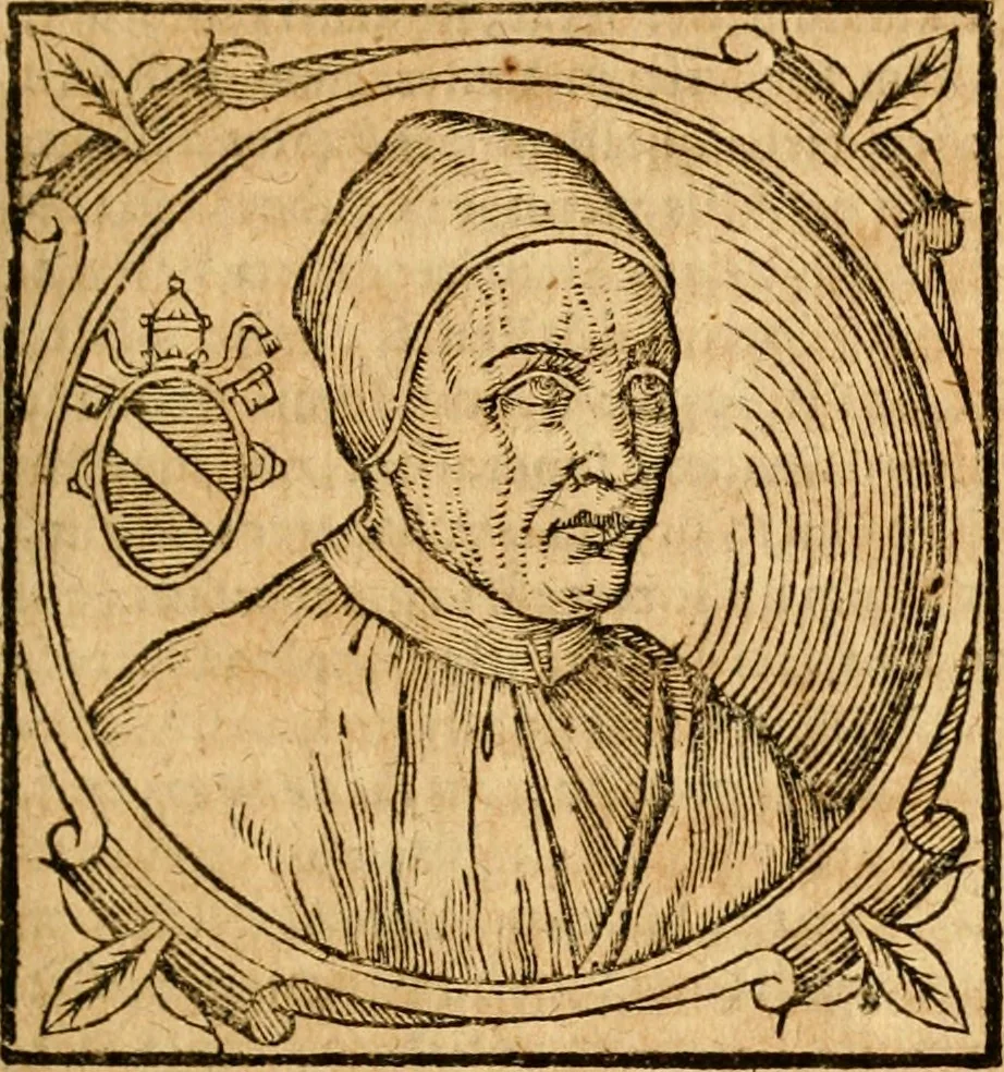 An illustration from Historia B. Platinae de vitis pontificum Romanorum : a D.N. Jesu Christo usque ad Paulum II. venetum papam : longe' quam antea emendatior, doctissimarumq[ue] annotationum Onuphrii Panuinii accessione nunc illustrior reddita : cui, eiusdem Onuphrii accurata atque fideli operâ, reliquorum pontificum vitae, usq[ue] ad Pium V. & Antonii Ciccarellae, usq[ue] ad Clementem VIII. qui hodiè sanctæ Romanae Catholicae ecclesiae præsidet, adiunctæ sunt : accesserunt nunc demum omnium pontificum verae effigies : omnia summo studio emendata & correcta, 1600, leaf 296