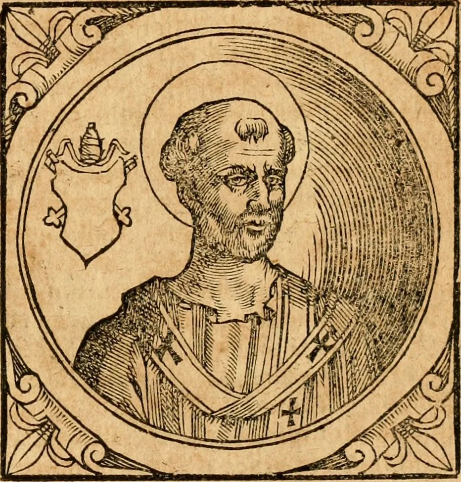 An illustration from Historia B. Platinae de vitis pontificum Romanorum : a D.N. Jesu Christo usque ad Paulum II. venetum papam : longe' quam antea emendatior, doctissimarumq[ue] annotationum Onuphrii Panuinii accessione nunc illustrior reddita : cui, eiusdem Onuphrii accurata atque fideli operâ, reliquorum pontificum vitae, usq[ue] ad Pium V. & Antonii Ciccarellae, usq[ue] ad Clementem VIII. qui hodiè sanctæ Romanae Catholicae ecclesiae præsidet, adiunctæ sunt : accesserunt nunc demum omnium pontificum verae effigies : omnia summo studio emendata & correcta, 1600, leaf 30