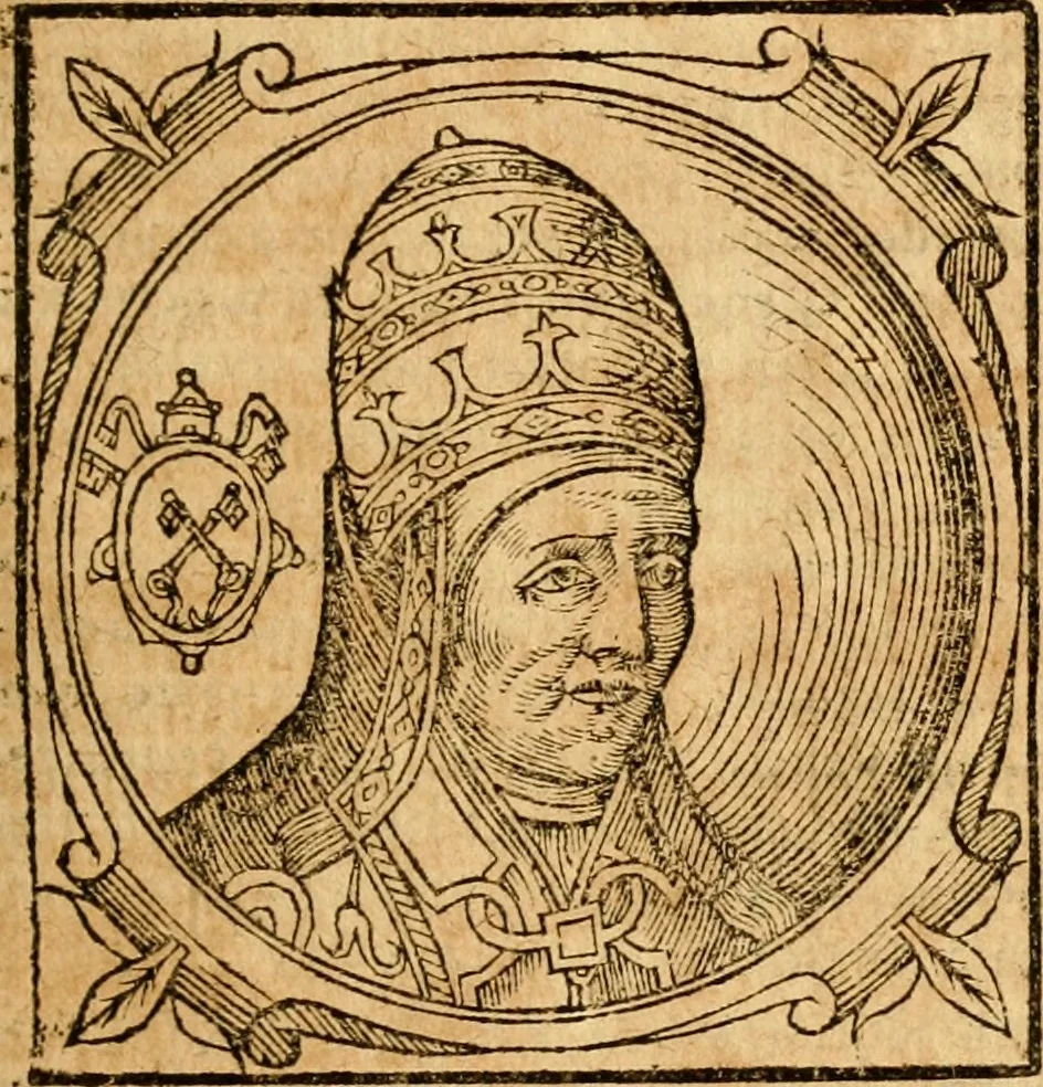 An illustration from Historia B. Platinae de vitis pontificum Romanorum : a D.N. Jesu Christo usque ad Paulum II. venetum papam : longe' quam antea emendatior, doctissimarumq[ue] annotationum Onuphrii Panuinii accessione nunc illustrior reddita : cui, eiusdem Onuphrii accurata atque fideli operâ, reliquorum pontificum vitae, usq[ue] ad Pium V. & Antonii Ciccarellae, usq[ue] ad Clementem VIII. qui hodiè sanctæ Romanae Catholicae ecclesiae præsidet, adiunctæ sunt : accesserunt nunc demum omnium pontificum verae effigies : omnia summo studio emendata & correcta, 1600, leaf 308