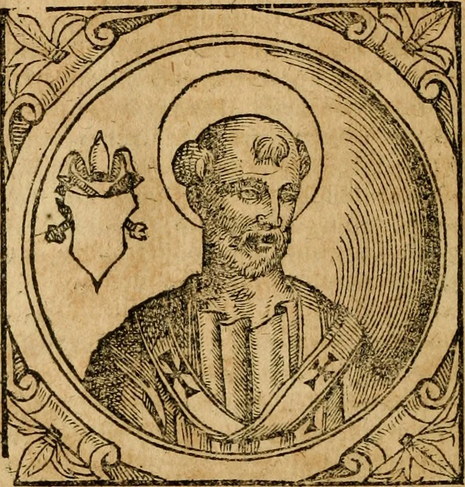 An illustration from Historia B. Platinae de vitis pontificum Romanorum : a D.N. Jesu Christo usque ad Paulum II. venetum papam : longe' quam antea emendatior, doctissimarumq[ue] annotationum Onuphrii Panuinii accessione nunc illustrior reddita : cui, eiusdem Onuphrii accurata atque fideli operâ, reliquorum pontificum vitae, usq[ue] ad Pium V. & Antonii Ciccarellae, usq[ue] ad Clementem VIII. qui hodiè sanctæ Romanae Catholicae ecclesiae præsidet, adiunctæ sunt : accesserunt nunc demum omnium pontificum verae effigies : omnia summo studio emendata & correcta, 1600, leaf 31