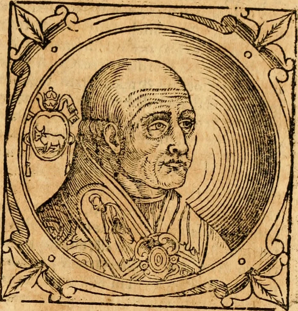 An illustration from Historia B. Platinae de vitis pontificum Romanorum : a D.N. Jesu Christo usque ad Paulum II. venetum papam : longe' quam antea emendatior, doctissimarumq[ue] annotationum Onuphrii Panuinii accessione nunc illustrior reddita : cui, eiusdem Onuphrii accurata atque fideli operâ, reliquorum pontificum vitae, usq[ue] ad Pium V. & Antonii Ciccarellae, usq[ue] ad Clementem VIII. qui hodiè sanctæ Romanae Catholicae ecclesiae præsidet, adiunctæ sunt : accesserunt nunc demum omnium pontificum verae effigies : omnia summo studio emendata & correcta, 1600, leaf 316