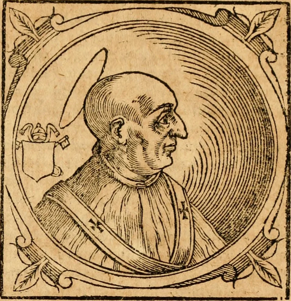 An illustration from Historia B. Platinae de vitis pontificum Romanorum : a D.N. Jesu Christo usque ad Paulum II. venetum papam : longe' quam antea emendatior, doctissimarumq[ue] annotationum Onuphrii Panuinii accessione nunc illustrior reddita : cui, eiusdem Onuphrii accurata atque fideli operâ, reliquorum pontificum vitae, usq[ue] ad Pium V. & Antonii Ciccarellae, usq[ue] ad Clementem VIII. qui hodiè sanctæ Romanae Catholicae ecclesiae præsidet, adiunctæ sunt : accesserunt nunc demum omnium pontificum verae effigies : omnia summo studio emendata & correcta, 1600, leaf 32