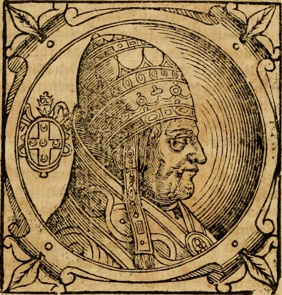 An illustration from Historia B. Platinae de vitis pontificum Romanorum : a D.N. Jesu Christo usque ad Paulum II. venetum papam : longe' quam antea emendatior, doctissimarumq[ue] annotationum Onuphrii Panuinii accessione nunc illustrior reddita : cui, eiusdem Onuphrii accurata atque fideli operâ, reliquorum pontificum vitae, usq[ue] ad Pium V. & Antonii Ciccarellae, usq[ue] ad Clementem VIII. qui hodiè sanctæ Romanae Catholicae ecclesiae præsidet, adiunctæ sunt : accesserunt nunc demum omnium pontificum verae effigies : omnia summo studio emendata & correcta, 1600, leaf 321