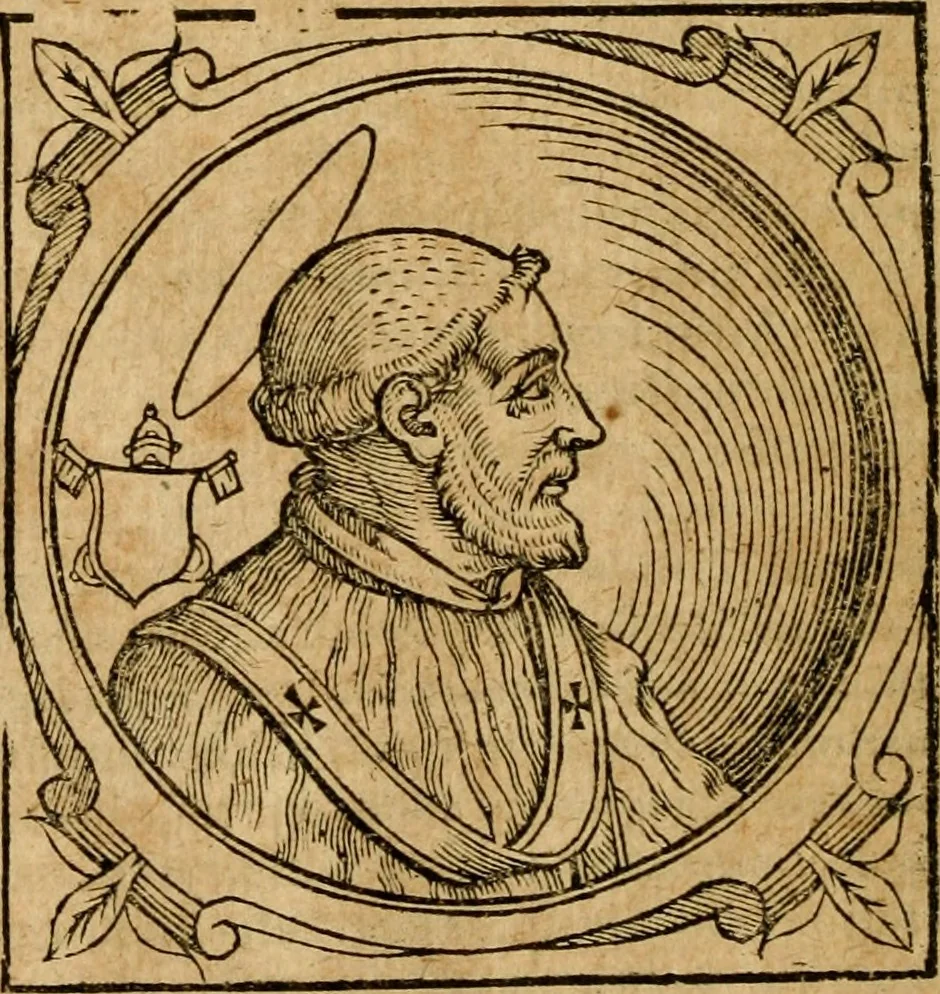 An illustration from Historia B. Platinae de vitis pontificum Romanorum : a D.N. Jesu Christo usque ad Paulum II. venetum papam : longe' quam antea emendatior, doctissimarumq[ue] annotationum Onuphrii Panuinii accessione nunc illustrior reddita : cui, eiusdem Onuphrii accurata atque fideli operâ, reliquorum pontificum vitae, usq[ue] ad Pium V. & Antonii Ciccarellae, usq[ue] ad Clementem VIII. qui hodiè sanctæ Romanae Catholicae ecclesiae præsidet, adiunctæ sunt : accesserunt nunc demum omnium pontificum verae effigies : omnia summo studio emendata & correcta, 1600, leaf 33