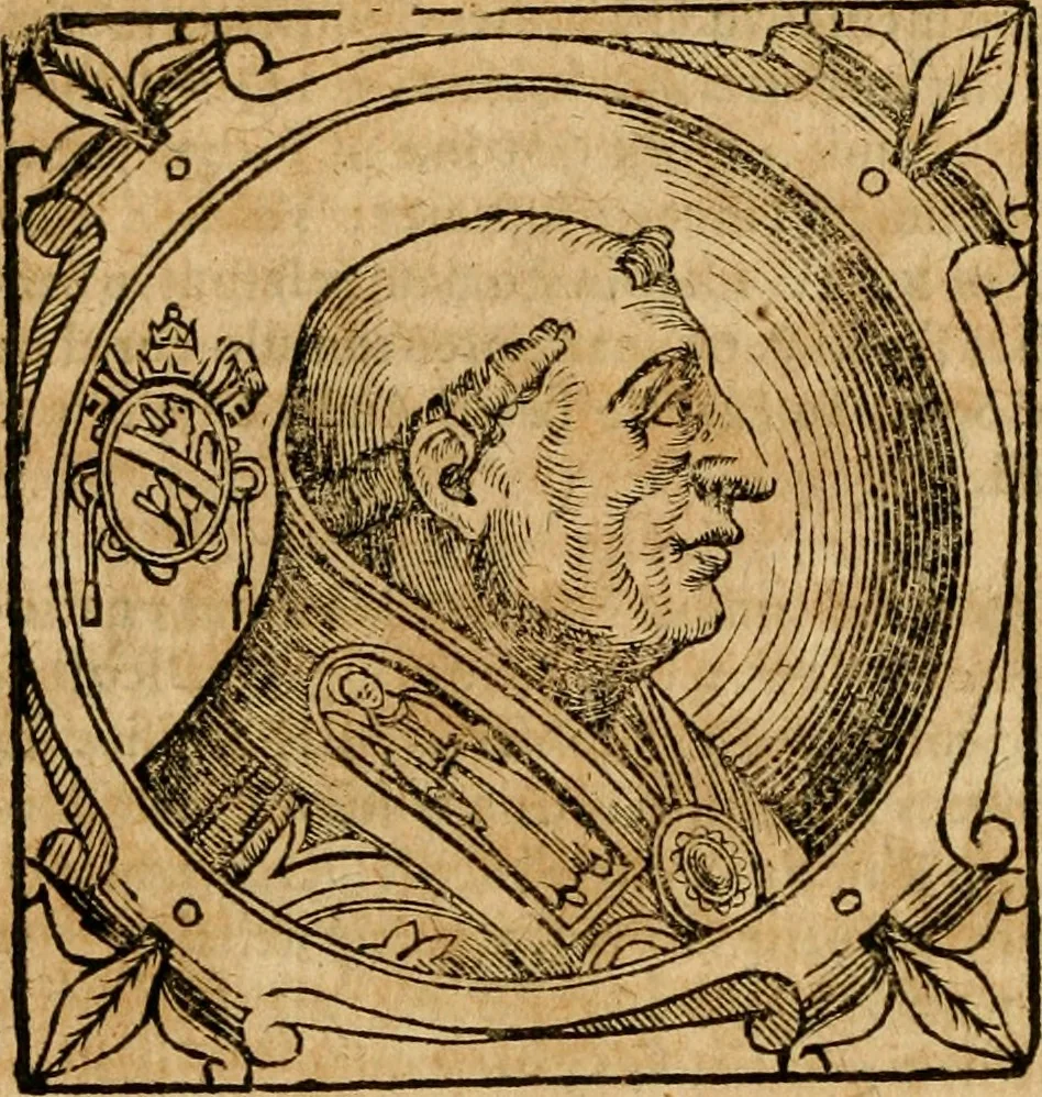 An illustration from Historia B. Platinae de vitis pontificum Romanorum : a D.N. Jesu Christo usque ad Paulum II. venetum papam : longe' quam antea emendatior, doctissimarumq[ue] annotationum Onuphrii Panuinii accessione nunc illustrior reddita : cui, eiusdem Onuphrii accurata atque fideli operâ, reliquorum pontificum vitae, usq[ue] ad Pium V. & Antonii Ciccarellae, usq[ue] ad Clementem VIII. qui hodiè sanctæ Romanae Catholicae ecclesiae præsidet, adiunctæ sunt : accesserunt nunc demum omnium pontificum verae effigies : omnia summo studio emendata & correcta, 1600, leaf 331